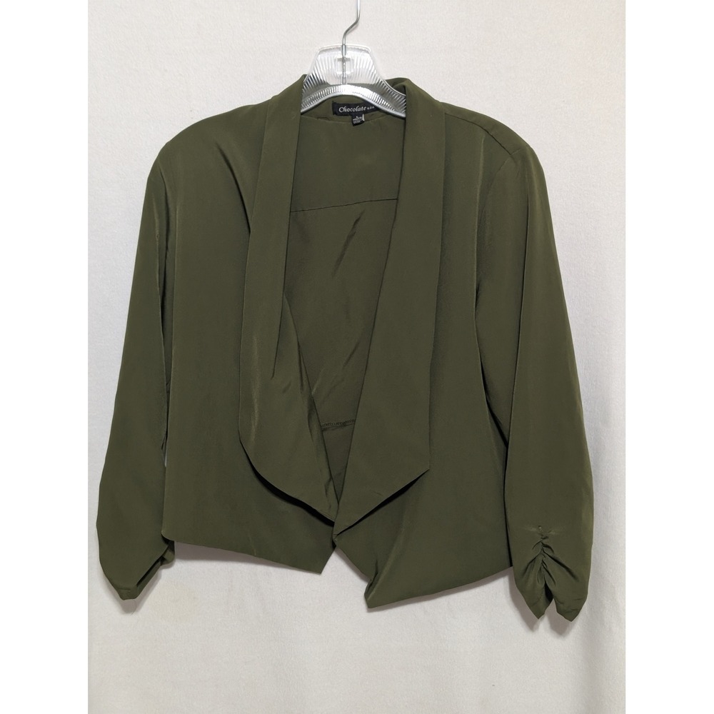 Chocolate USA Womens Olive Green Open Front Draped Blazer Ruched 3/4 Sleeve L